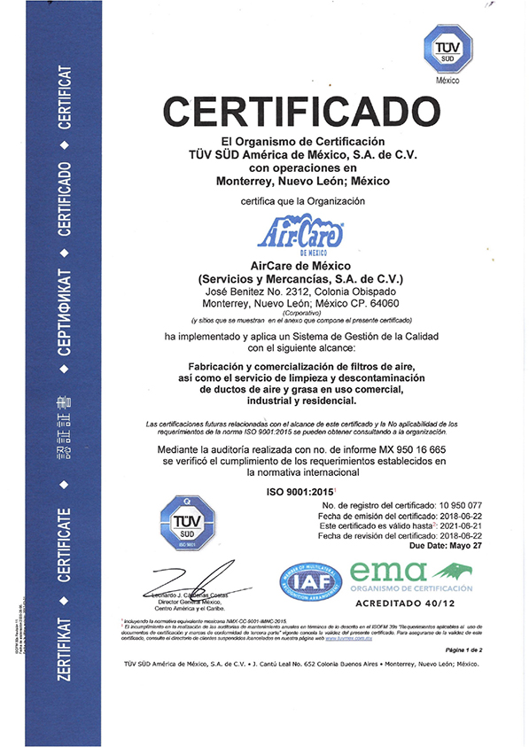 Certificaciones del Filtro de Aire Acondicionado